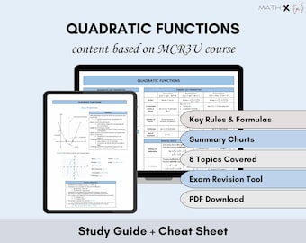 Quadratic Functions Study Guide & Cheat Sheet | MCR3U Functions Study Aid | Key Properties, Inverse, Solving Quadratics | High School Math