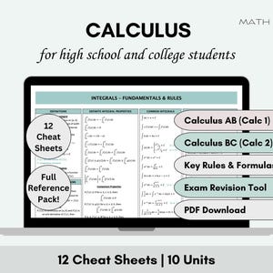 Hoja de referencia rápida de cálculo AP AB BC / Fórmulas matemáticas de secundaria / Ayuda con cálculo universitario 1 y 2 para la preparación de exámenes / Matemáticas para el regreso a clases imprimibles