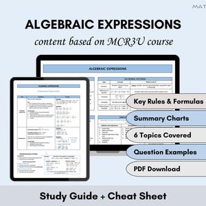 Algebraic Expressions Study Guide & Cheat Sheet | MCR3U Math Study Aid | Factoring, Simplifying, Rational Functions | High School Math