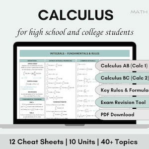 Cheatsheet Calculus | Studiehulpmiddel AP Calculus AB en BC | Wiskundige formule Snelle referentie Aantekeningen examenvoorbereiding | Hulp bij wiskunde op middelbare school en universiteit