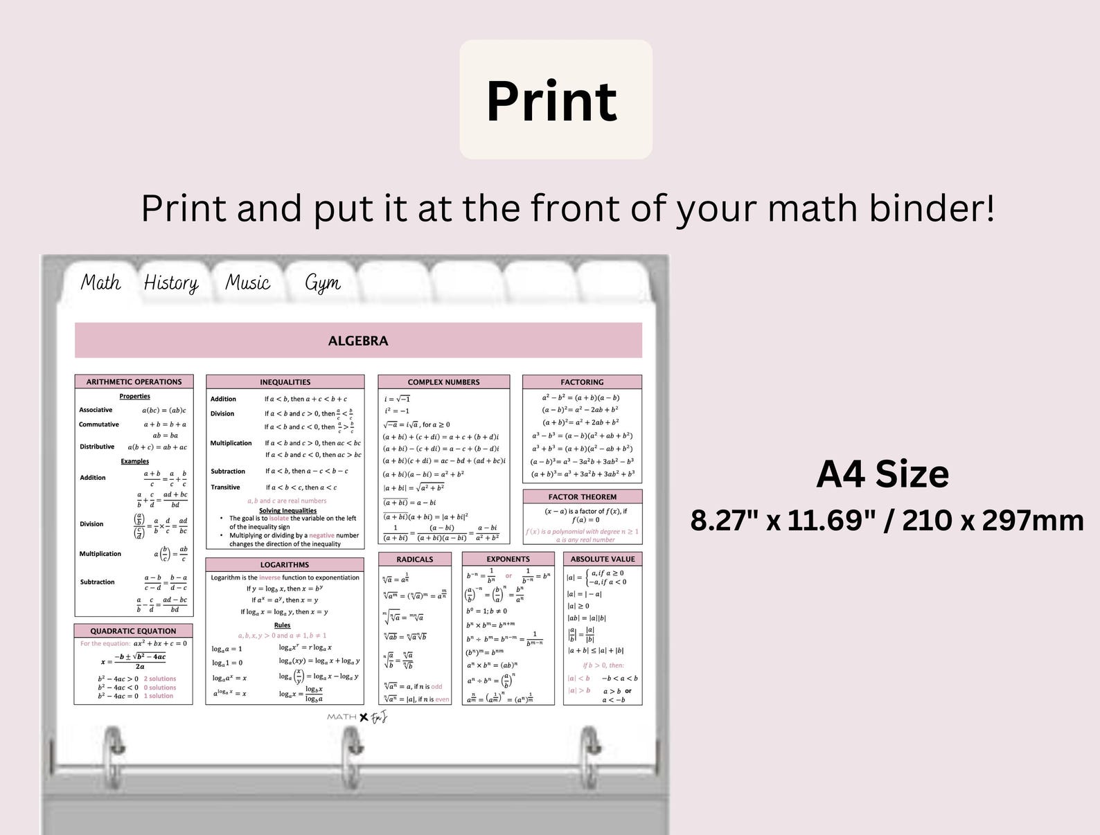 Algebra Cheat Sheet | Quick Reference Math Formula Algebra Summary ...