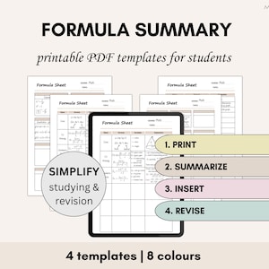 Math Formula Sheet Templates | Topic Summary Math Notes Reference Sheet | Student Planner Insert | Study Aid Exam Revision Cheat Sheet