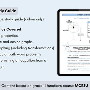 以下が含まれることがあります： 11年生の関数コースのための学習ガイド。主要な特性、正弦と余弦のグラフ、変換によるグラフ作成、円形パスの単語問題、グラフからの方程式の決定を網羅しています。このガイドには、水車の上で回転する車輪の図と、サンプルの単語問題が含まれています。