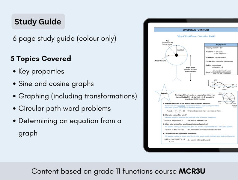 以下が含まれることがあります： 11年生の関数コースのための学習ガイド。主要な特性、正弦と余弦のグラフ、変換によるグラフ作成、円形パスの単語問題、グラフからの方程式の決定を網羅しています。このガイドには、水車の上で回転する車輪の図と、サンプルの単語問題が含まれています。