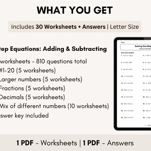 May include: A digital download for 30 printable worksheets for solving one-step equations. The worksheets include adding and subtracting numbers, fractions, decimals, and larger numbers. The download includes an answer key.