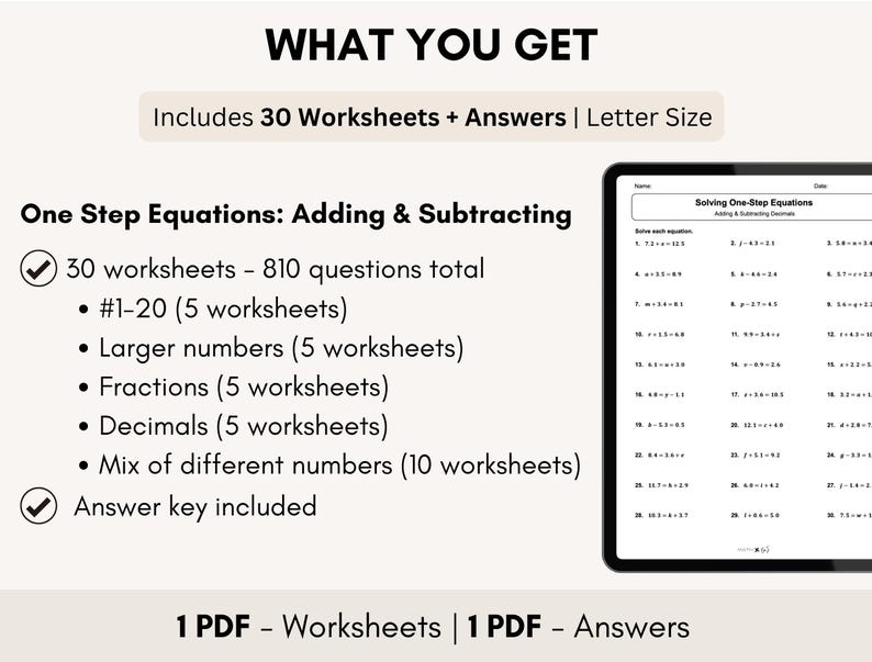 May include: A digital download for 30 printable worksheets for solving one-step equations. The worksheets include adding and subtracting numbers, fractions, decimals, and larger numbers. The download includes an answer key.