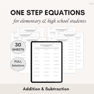 One-Step Equation Worksheets | Solve Addition & Subtraction Equations Algebra 1 Practice | High School and Elementary Math Study Aid