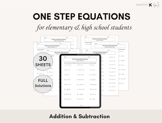 One-Step Equation Worksheets | Solve Addition & Subtraction Equations Algebra 1 Practice | High School and Elementary Math Study Aid