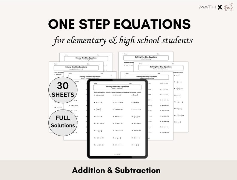 One-Step Equation Worksheets | Solve Addition & Subtraction Equations Algebra 1 Practice | High School and Elementary Math Study Aid image 1