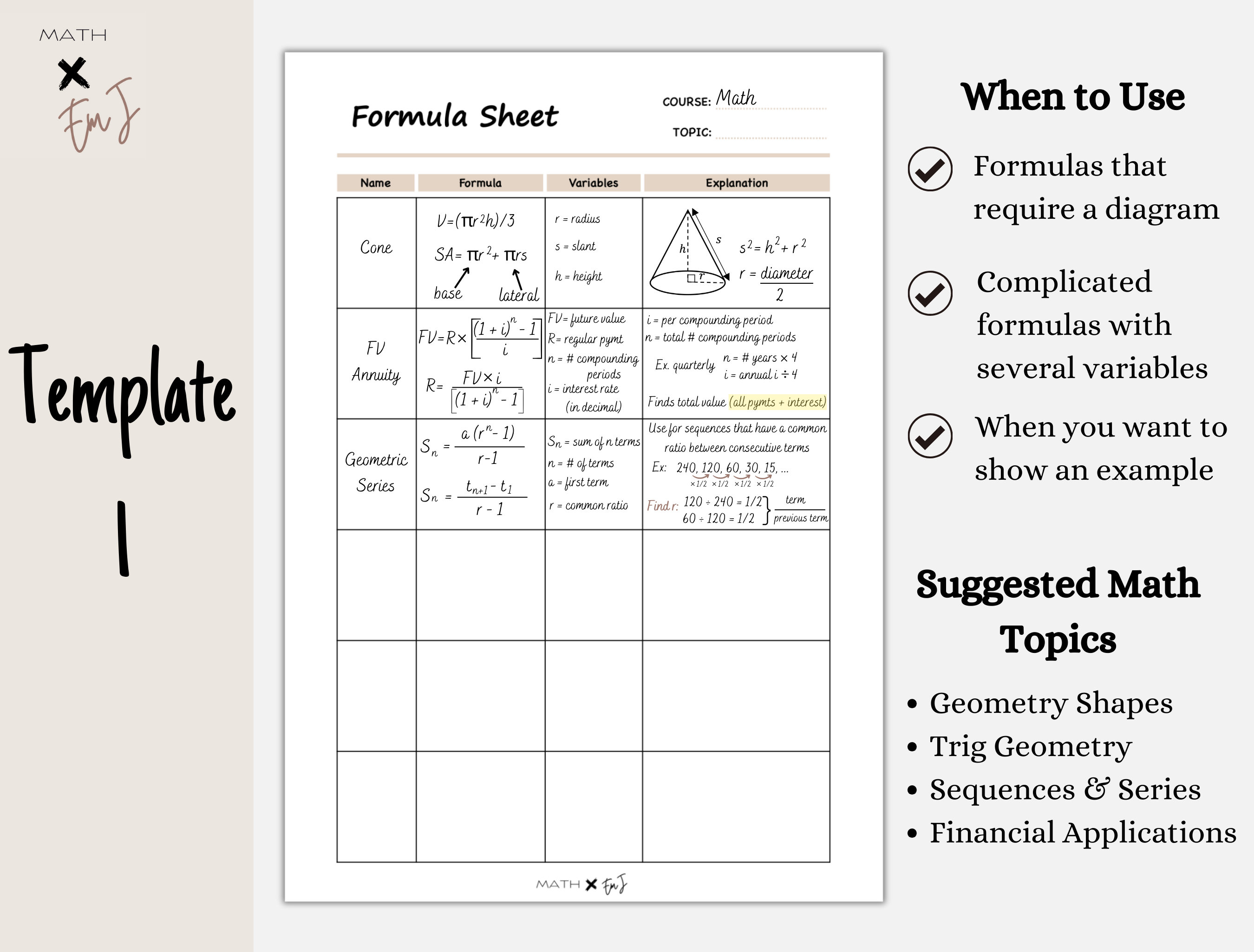Printable Formula Sheet Templates 4 Versions Student Planners High ...