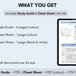 以下が含まれることがあります： 正弦関数の学習ガイドとカンニングシートのデジタルダウンロード。学習ガイドは6ページ、カンニングシートは1ページです。どちらもカラーと白黒で入手できます。画像は、グラフと正弦関数の主要な特性を示したカンニングシートのサンプルページです。
