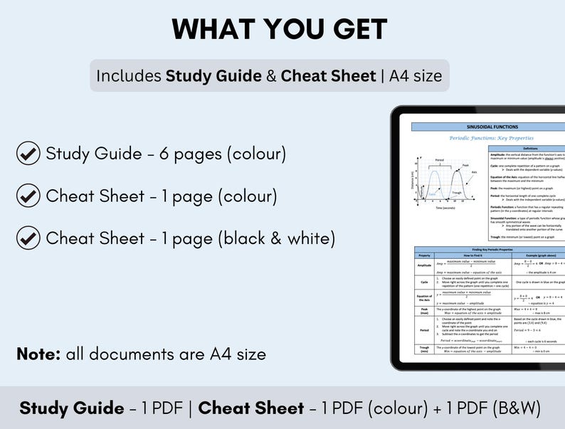 以下が含まれることがあります： 正弦関数の学習ガイドとカンニングシートのデジタルダウンロード。学習ガイドは6ページ、カンニングシートは1ページです。どちらもカラーと白黒で入手できます。画像は、グラフと正弦関数の主要な特性を示したカンニングシートのサンプルページです。