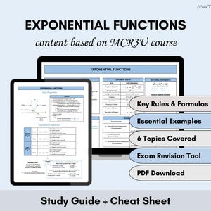 Guía de estudio y hoja de referencia de funciones exponenciales / Notas de álgebra de MCR3U, crecimiento y decrecimiento / Fórmulas matemáticas de secundaria / Preparación para exámenes y ayuda para el estudio