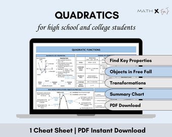 Arkusz ściągawek funkcji kwadratowych | Podsumowanie wykresu paraboli, właściwości i zastosowania | Pomoc w nauce algebry 2 Przygotowanie do egzaminu | Pomoc w matematyce w szkole średniej
