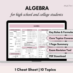 Algebra Cheat Sheet | Quick Reference Math Formula Algebra Summary Sheet | High School & College Math Study Aid