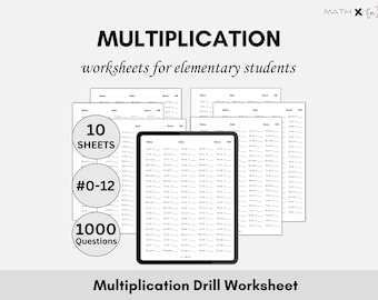 Multiplication Drill Worksheets | Single Digit Multiplication 0-12 | Times Table Practice | Elementary Math Drills | Kids Math Download