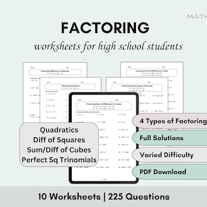 Factoring Worksheets | Quadratic, Binomial & Trinomial Factorization | High School Math Study Aid Exam Prep | Printable Algebra Worksheet