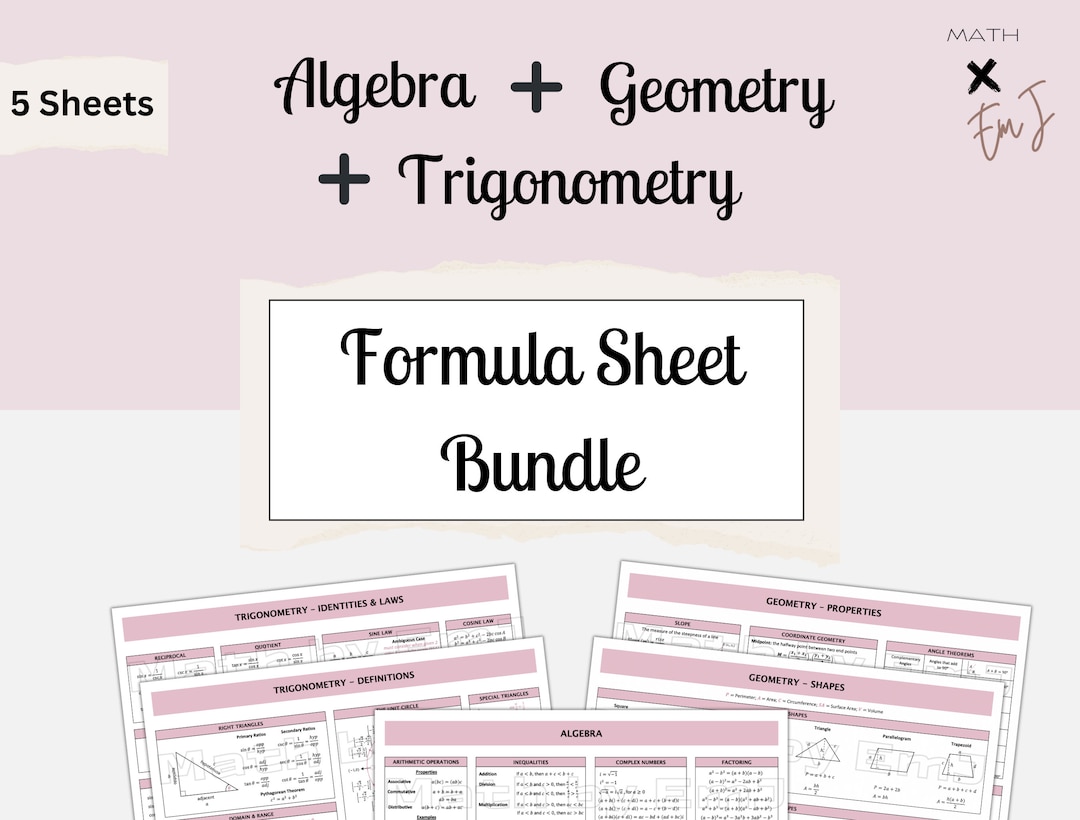 Math Formula Sheet Bundle Algebra, Geometry & Trigonometry High School ...