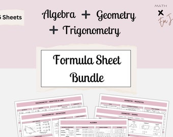 Math Formula Sheet Bundle | Algebra, Geometry & Trigonometry | High School Math