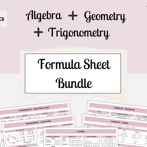 Math Formula Sheet Bundle | Algebra, Geometry & Trigonometry | High School Math