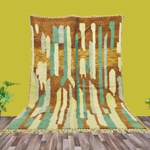Gorgeous Beni Ourain Rug- Emerald Green Rug-woven rug -colorful rug-green wool Beniourain Carpets- Unique Geometric Rug- Green And Brown Rug