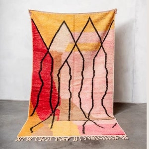 HANDMADE STRIPED RUG- Moroccan Handmade Rug From Wool of Sheep-  Pink & Yellow Berber Rug- Authentic Beni Ourain Area Rug- Custom Rug