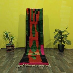 Berber Colorful Runner Rug -Authentic Moroccan green rug- Authentic boujaad runner rug- Berber Runner rug- Orange Renner Rug