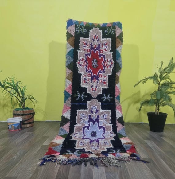 幾何学模様の多色ラグ モロッコ 手織り ランナーラグ ヴィンテージ