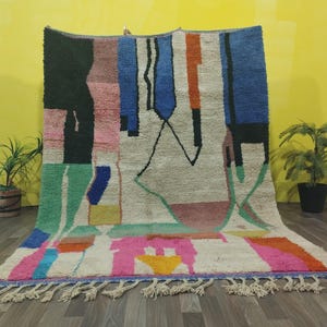 Geometric Moroccan Colorful Rugs- Blue Beni Ourain Rug- Multi Colored Rug- Moroccan Berber Hand Knotted Rug- Boujaad rug living room 8x10