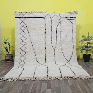 HANDMADE STRIPED RUG, Black & White Berber Rug, Authentic Beni Ourain Area Rug, Decorative Floor Covering- Wool Moroccan Rug