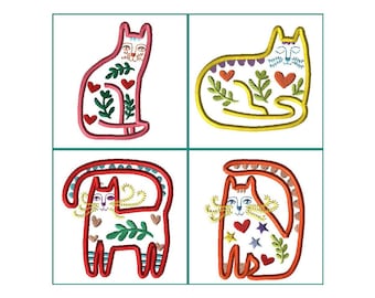 Four Folk Art Cat Felt Applique Embroidery Design Collection