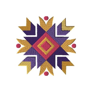 May include: Embroidered geometric design featuring a central diamond shape surrounded by a starburst pattern. The design incorporates gold, purple, and pink colors, with small red dots. The design is centered on a white background.