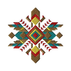 Puede incluir: Un diseño geométrico con una forma de diamante en el centro. El diseño está formado por formas marrones, rojas, amarillas y azules.