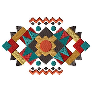 Puede incluir: Un diseño geométrico colorido con un círculo central en tonos naranja y rojo, rodeado de formas turquesa, amarillas y marrones. El diseño está enmarcado por un patrón en zigzag.