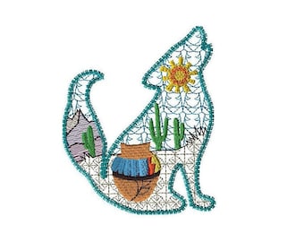 Coyote with Southwestern Scene Embroidery Design