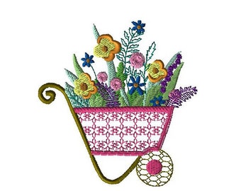 Design de bordado de flores em carrinho de mão