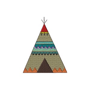 Puede incluir: Un tipi marrón y beige con un diseño estampado rojo, amarillo y azul. El tipi tiene una solapa marrón en la parte inferior.