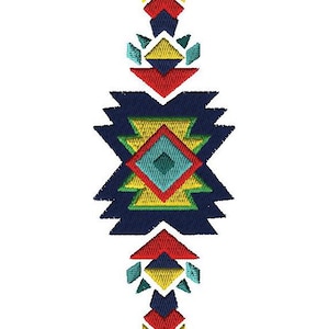 Pode incluir: Um padrão geométrico colorido com uma forma de diamante no centro. O padrão é composto por triângulos azuis, vermelhos, amarelos e verdes.