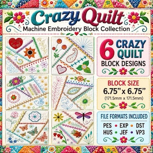 May include: A digital collection of 6 Crazy Quilt machine embroidery block designs, each measuring 171.5mm by 171.5mm. The image displays various floral, heart, bird, and butterfly motifs with decorative stitching on white fabric blocks.
