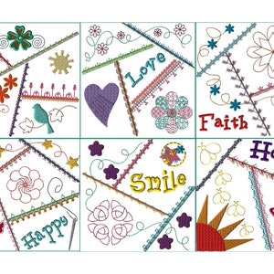 Può includere: Un blocco di patchwork colorato con vari disegni ricamati, tra cui fiori, stelle, uccelli, cuori e parole come "Pace", "Amore", "Fede", "Speranza", "Felice" e "Sorriso".