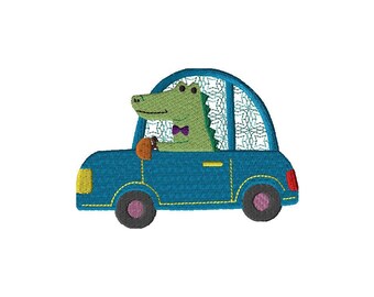 Alligator in Car Embroidery Design