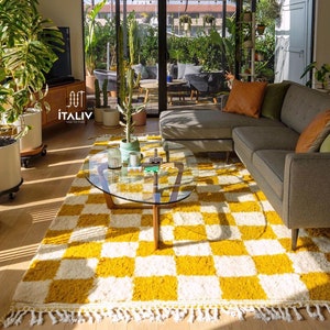 Yellow and White checkered rug, Moroccan Berber checkered rug, Checkered area rug -Checkerboard Rug -beniourain rug, Soft Colored Rug