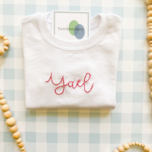 LARGE FORMAT Custom Hand Embroidered Baby Shirt, Baby Shower Gift, Toddler Birthday Gift, Hand Stitched Personalized Shirt