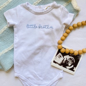 Baby Announcement Hand Embroidered, Little Brother Shirt, Baby Shower Gift, Handstitched Baby Gift