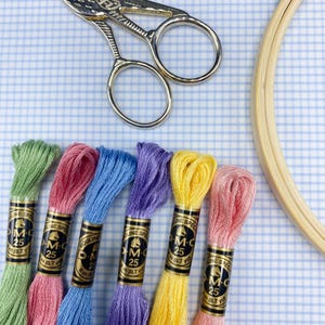 Pode incluir: Uma coleção de fios de bordar DMC coloridos: verde, rosa, azul, roxo, amarelo e rosa. Também estão presentes uma tesoura dourada e um bastidor de bordado de madeira. O fio é medido em metros.