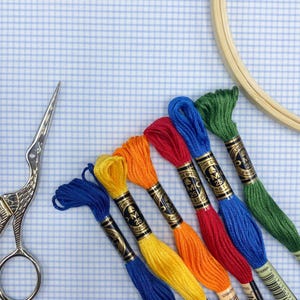 May include: A collection of colorful embroidery floss in shades of blue, yellow, orange, red, and green, with a pair of silver scissors and a wooden embroidery hoop on a blue and white checkered background. The floss is labeled with "DMC 25".