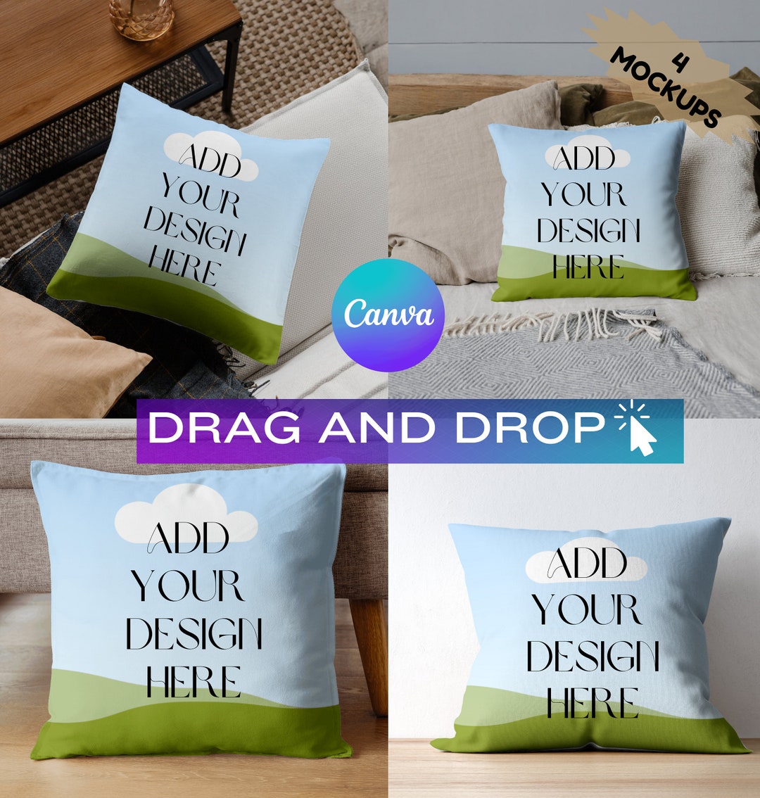 4 Pillow Mockups / Throw Pillow Mock up Tutorial / Cushion Pillows Mock