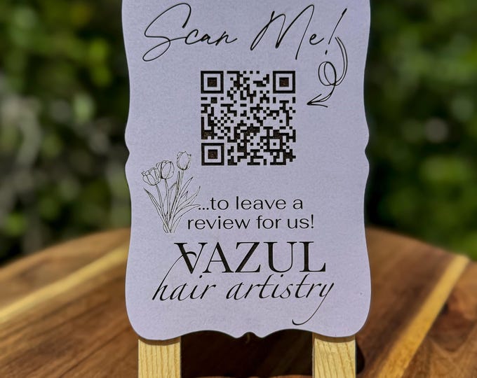 Custom Double-Sided Desktop Easel with Engraved QR Code  –  Business Logo – Review Sign for Counters & Events
