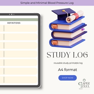 Puede incluir: Una ilustración digital de una pila de libros azules con un gorro de graduación y un rollo en la parte superior. El texto "STUDY LOG" está debajo de los libros, con las palabras "reusable study printable log" y "A4 format" debajo de eso. Un botón azul con el texto "SHOP NOW" está debajo del texto. El texto "PAPER PIXEL HAVEN" está en la esquina inferior derecha de la imagen.