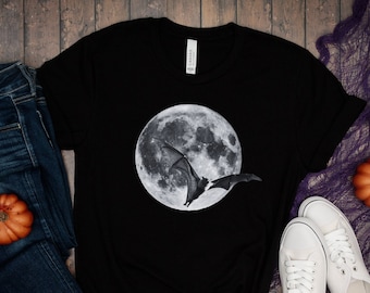 Noir Full Moon with Flying Bat Goth Vintage T-Shirt Unisex Jersey Short Sleeve Tee